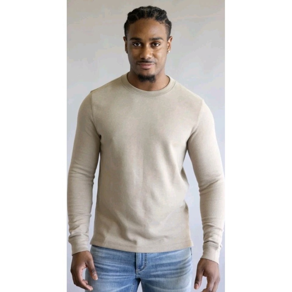 Mens Size Medium Long Sleeve Thermal Beige Cotton Blend Pullover Knit